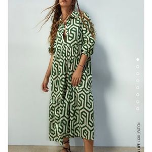 ZARA EUC - MIDI GEOMETRIC PRINT DRESS GREEN Small
